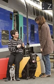 Woman & boy - on train platform with two dogs and