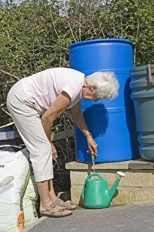Butt Gallery: Woman filling green watering can from blue rain water butt