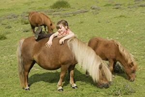 Young girl mounting Shetland Pony